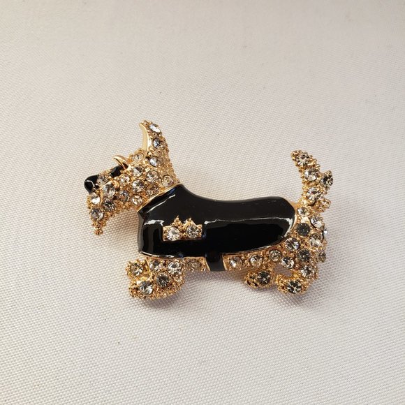 Scottie Dog Brooch.  Scottish Terrier.  Black enamel, diamond simulants on gold - Picture 2 of 12
